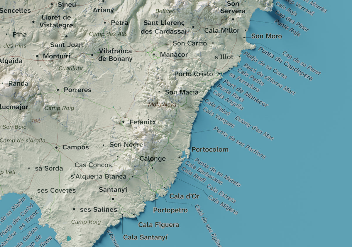 Edició octubre 2026 · Mapa topogràfic de Mallorca, Cartogràfic, 21 × 30 cm: detall de la costa sud-est.