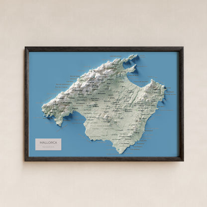 Mapa topogràfic de Mallorca, Cartogràfic, 21 × 30 cm: presentació en marc negre (marc no inclòs).