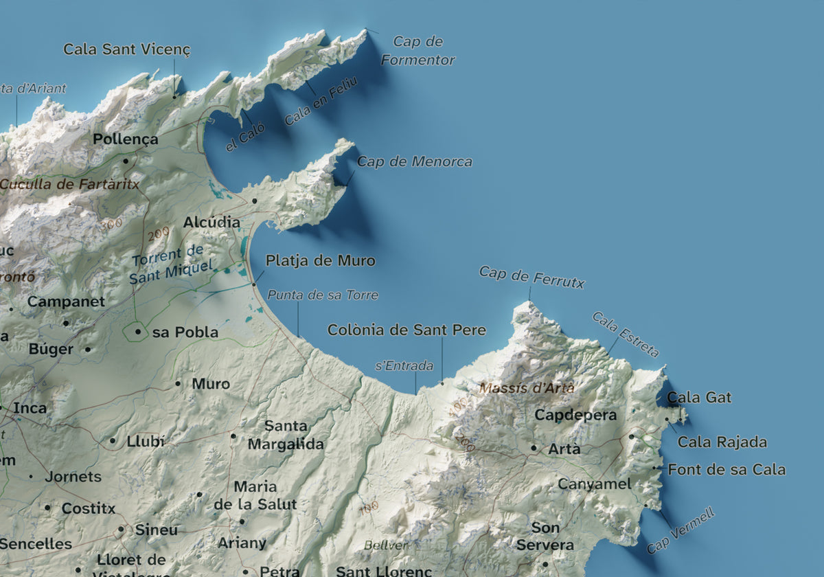 Mapa topogràfic de Mallorca, Cartogràfic, 21 × 30 cm: detall superior dret.