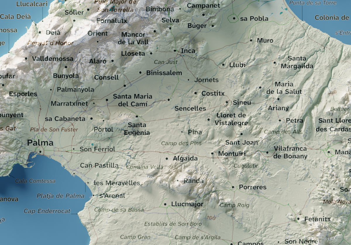 Mapa topogràfic de Mallorca, Cartogràfic, 21 × 30 cm: detall central.