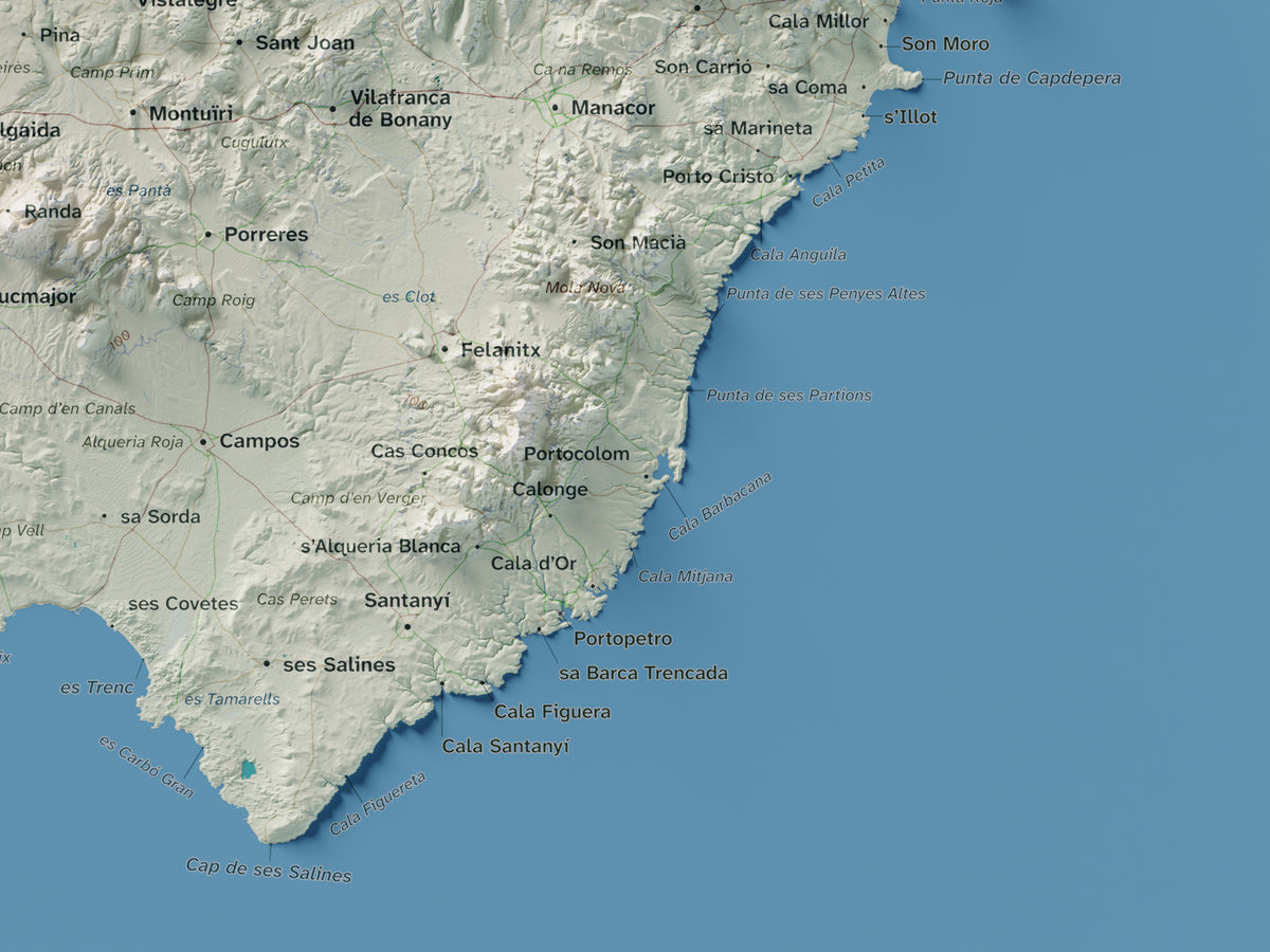 Mapa topogràfic de Mallorca, Cartogràfic, 30 × 40 cm: detall inferior dret.