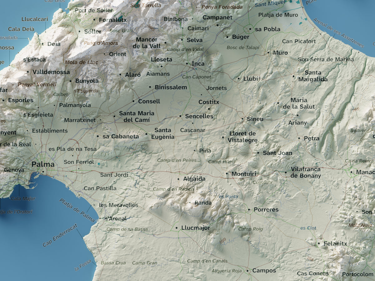 Mapa topogràfic de Mallorca, Cartogràfic, 30 × 40 cm: detall central.