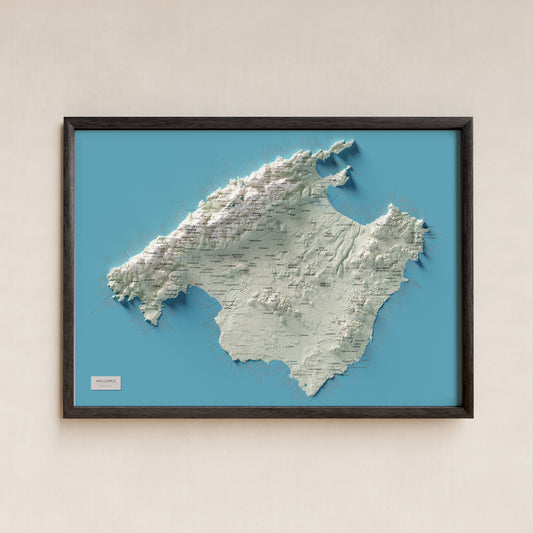 Edición octubre 2026 · Mapa topográfico de Mallorca, Cartográfico, 50 × 70 cm: presentación en marco negro (marco no incluido).