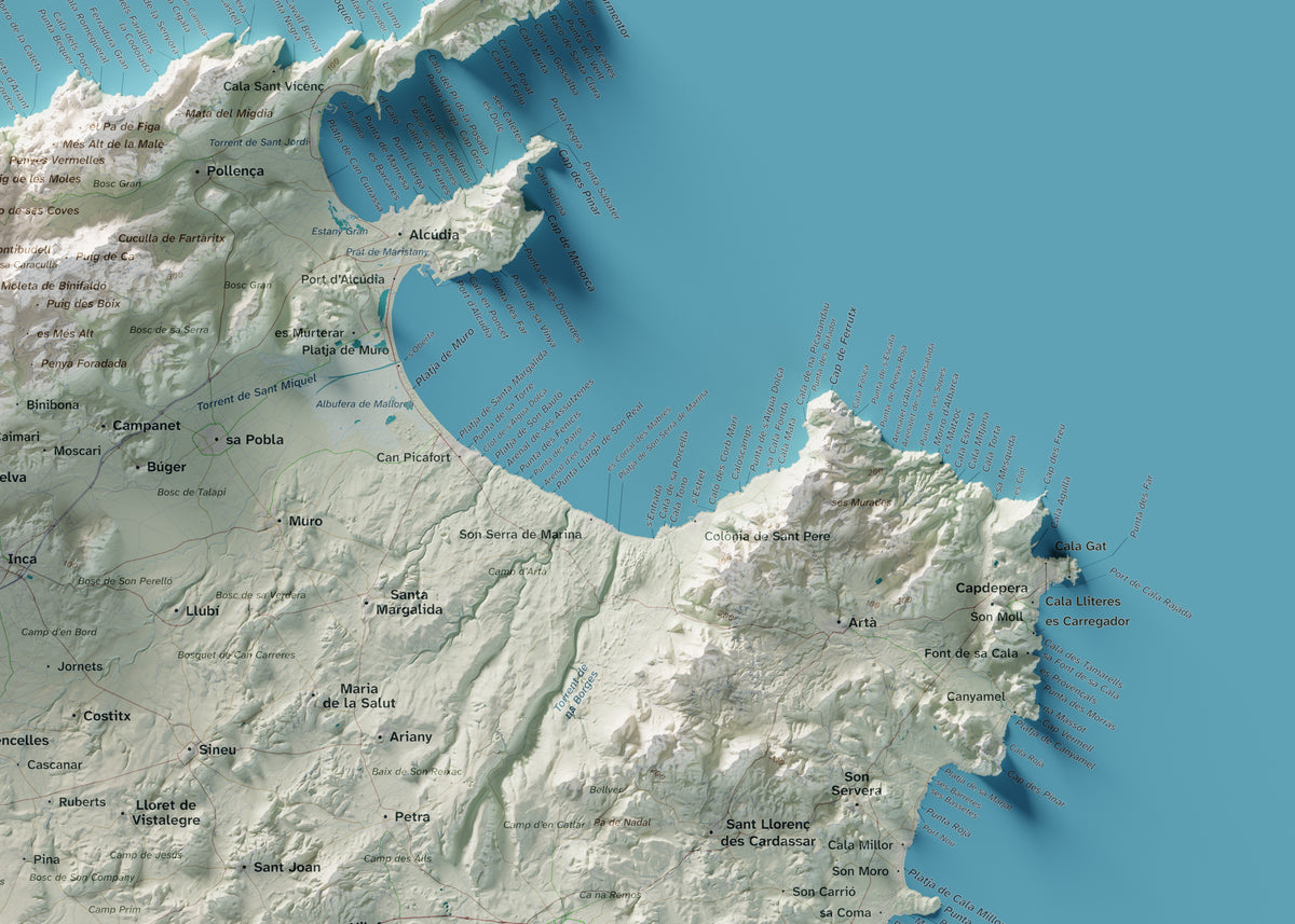Edició octubre 2026 · Mapa topogràfic de Mallorca, Cartogràfic, 50 × 70 cm: detall de la costa nord-est.