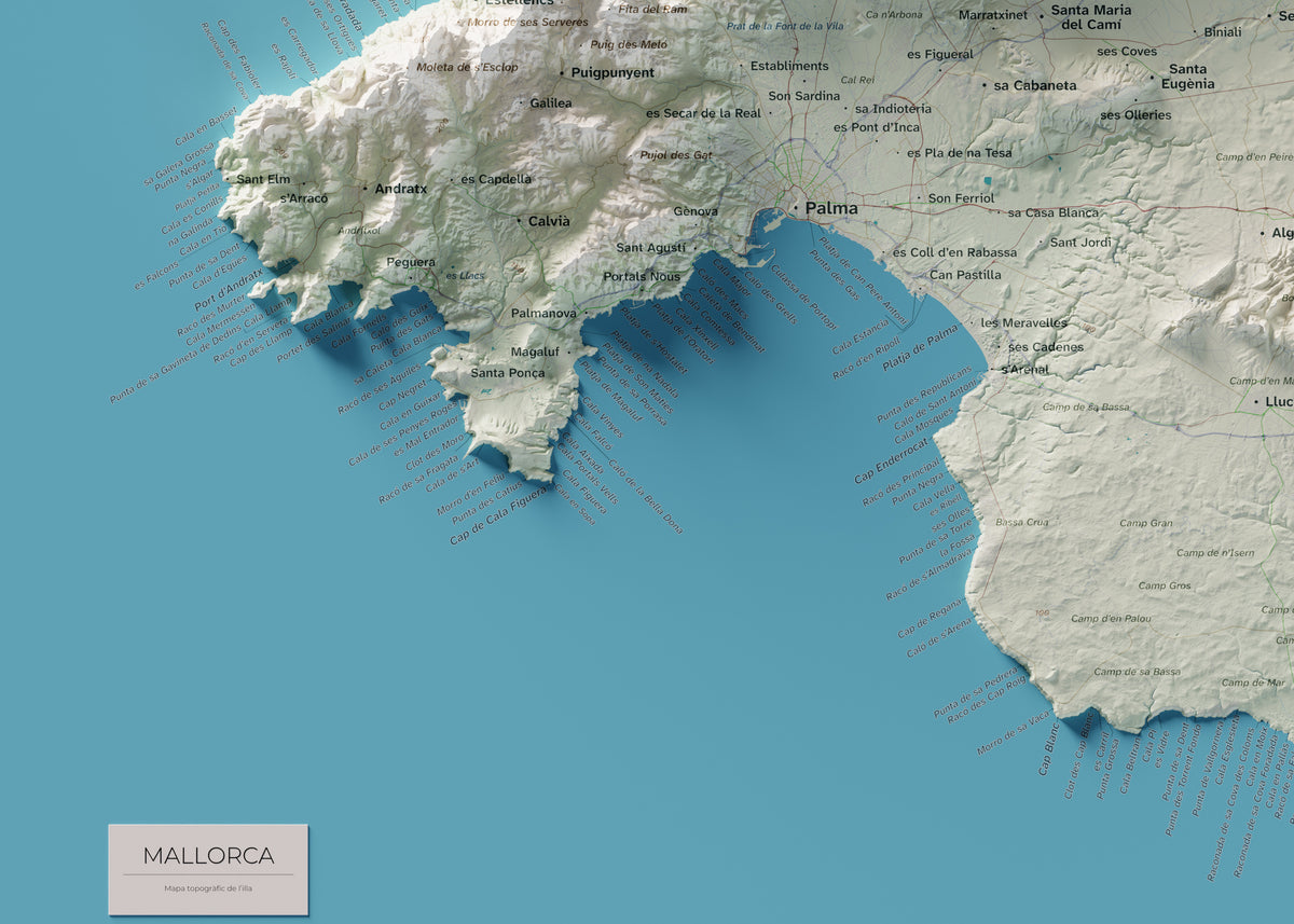 Edició octubre 2026 · Mapa topogràfic de Mallorca, Cartogràfic, 50 × 70 cm: detall de la costa sud-oest.