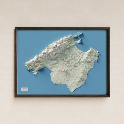 Mapa topogràfic de Mallorca, Cartogràfic, 50 × 70 cm: presentació en marc negre (marc no inclòs).