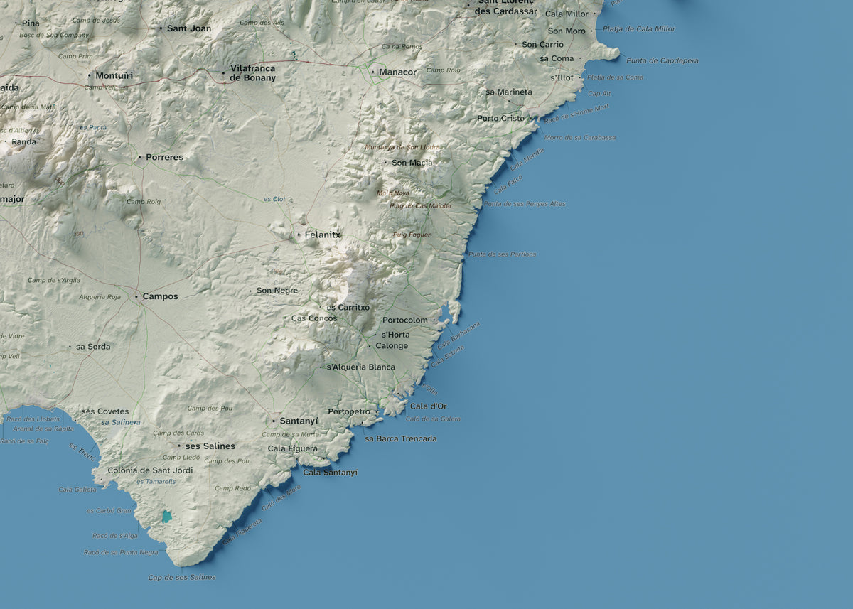 Mapa topogràfic de Mallorca, Cartogràfic, 50 × 70 cm: detall inferior dret.