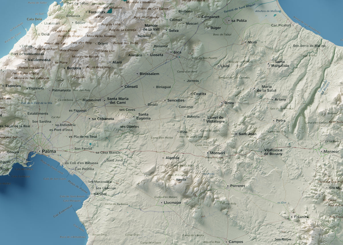 Mapa topogràfic de Mallorca, Cartogràfic, 50 × 70 cm: detall central.