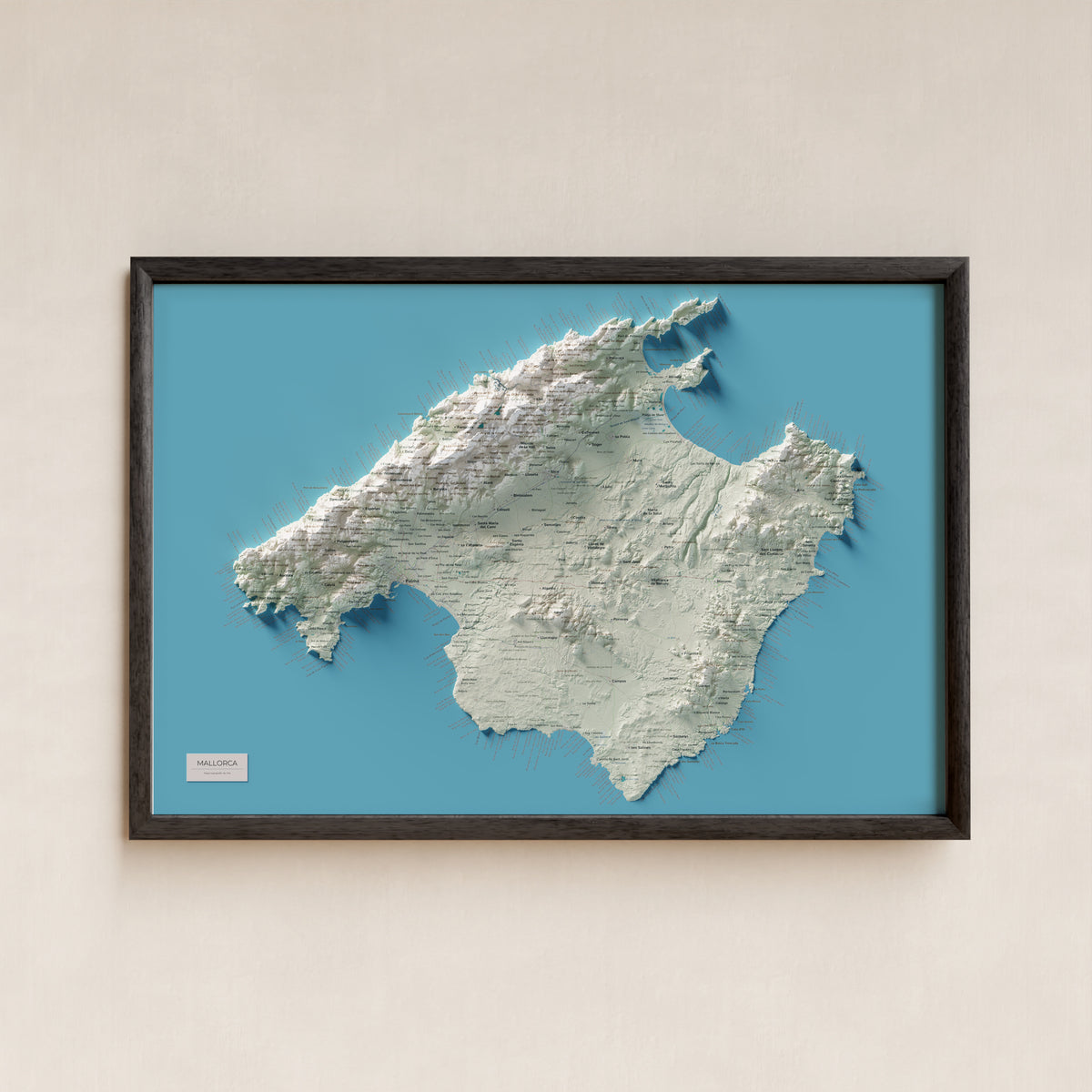 Edició octubre 2026 · Mapa topogràfic de Mallorca, Cartogràfic, 61 × 91 cm: presentació en marc negre (marc no inclòs).