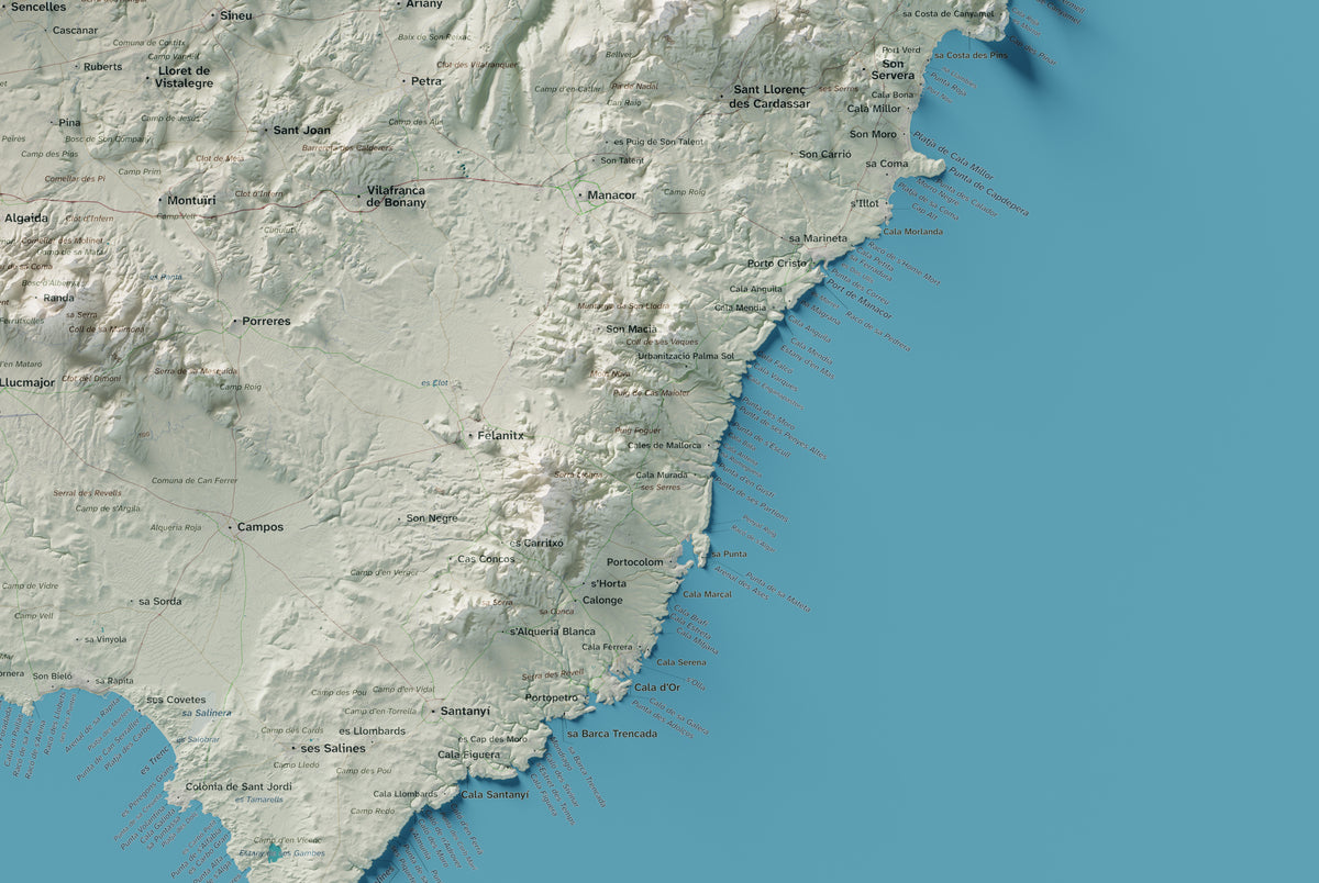 Edició octubre 2026 · Mapa topogràfic de Mallorca, Cartogràfic, 61 × 91 cm: detall de la costa sud-est.