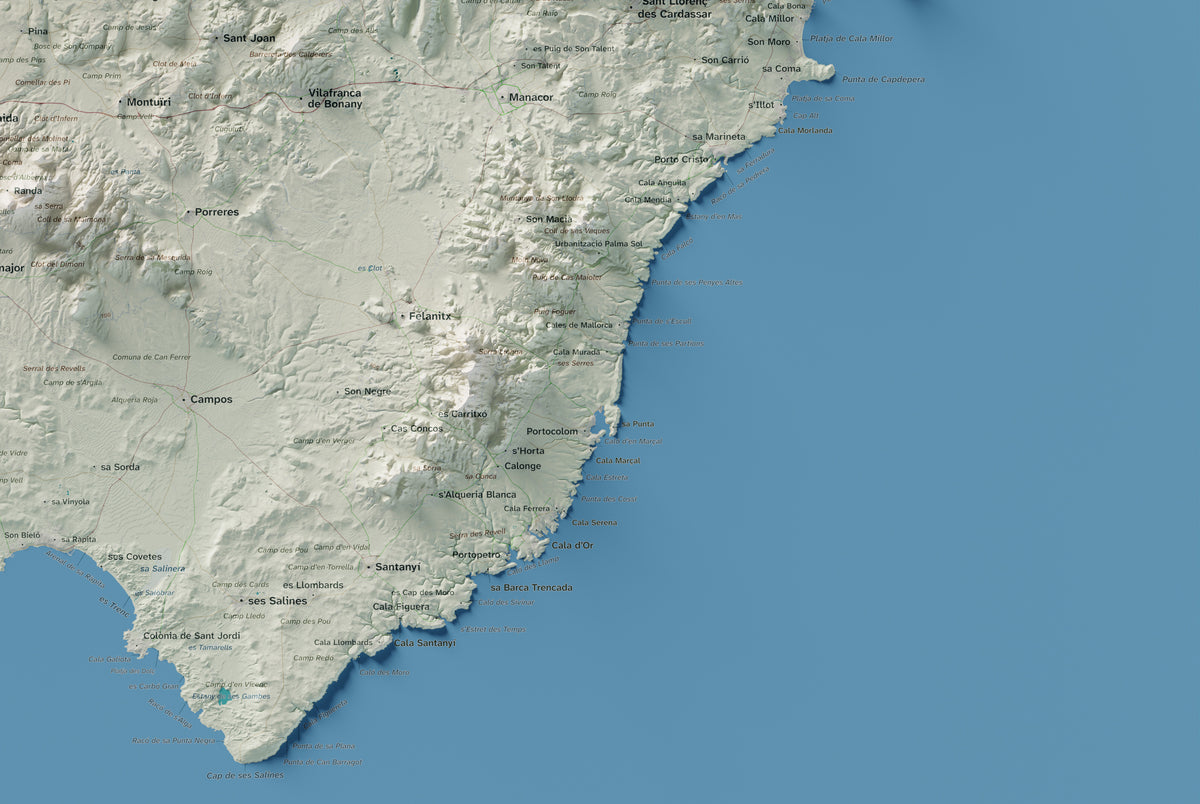 Mapa topogràfic de Mallorca, Cartogràfic, 61 × 91 cm: detall inferior dret.