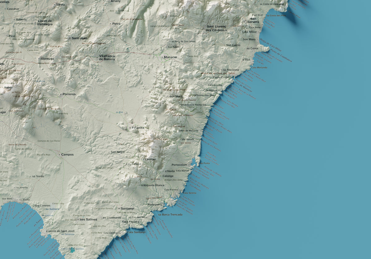 Edició octubre 2026 · Mapa topogràfic de Mallorca, Cartogràfic, 70 × 100 cm: detall de la costa sud-est.