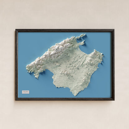 Mapa topogràfic de Mallorca, Cartogràfic, 70 × 100 cm: presentació en marc negre (marc no inclòs).