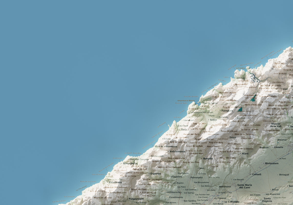 Mapa topogràfic de Mallorca, Cartogràfic, 70 × 100 cm: detall superior esquerre.