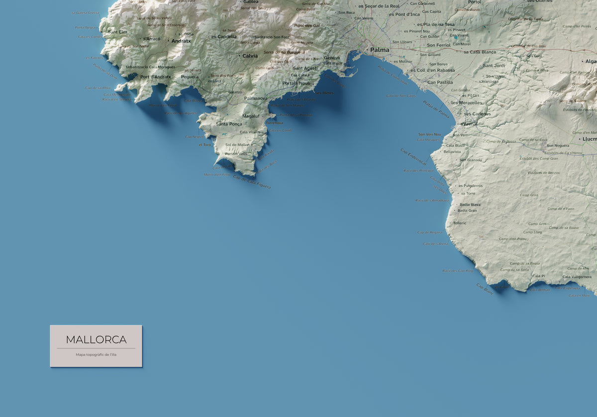 Mapa topogràfic de Mallorca, Cartogràfic, 70 × 100 cm: detall inferior esquerre.