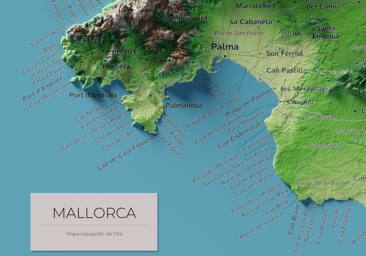 Edició octubre 2026 · Mapa topogràfic de Mallorca, Clàssic, 21 × 30 cm: detall de la costa sud-oest.