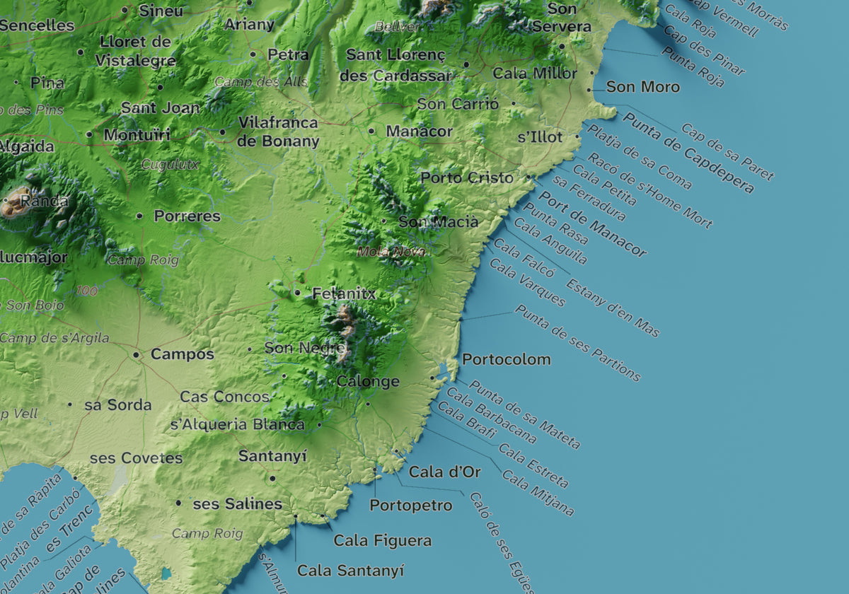 Edició octubre 2026 · Mapa topogràfic de Mallorca, Clàssic, 21 × 30 cm: detall de la costa sud-est.