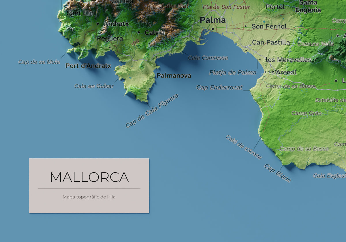 Mapa topogràfic de Mallorca, Clàssic, 21 × 30 cm: detall inferior esquerre.