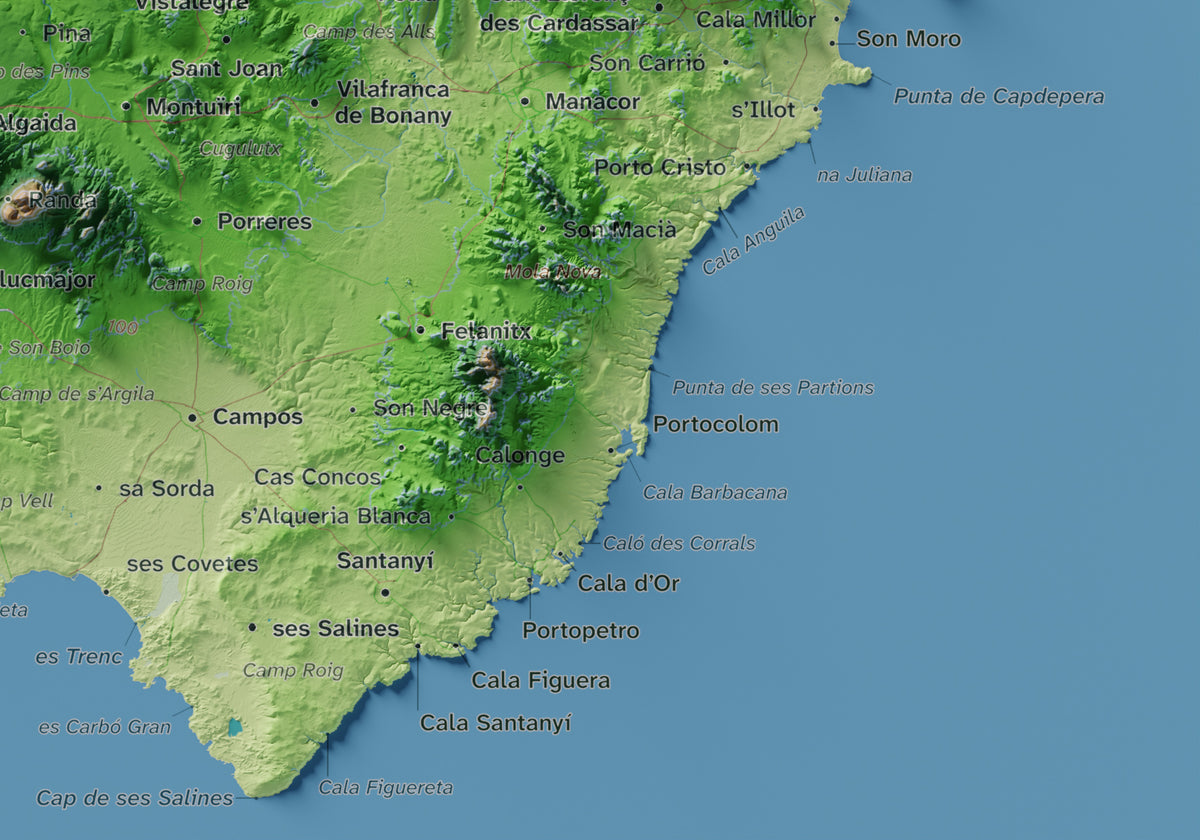 Mapa topogràfic de Mallorca, Clàssic, 21 × 30 cm: detall inferior dret.