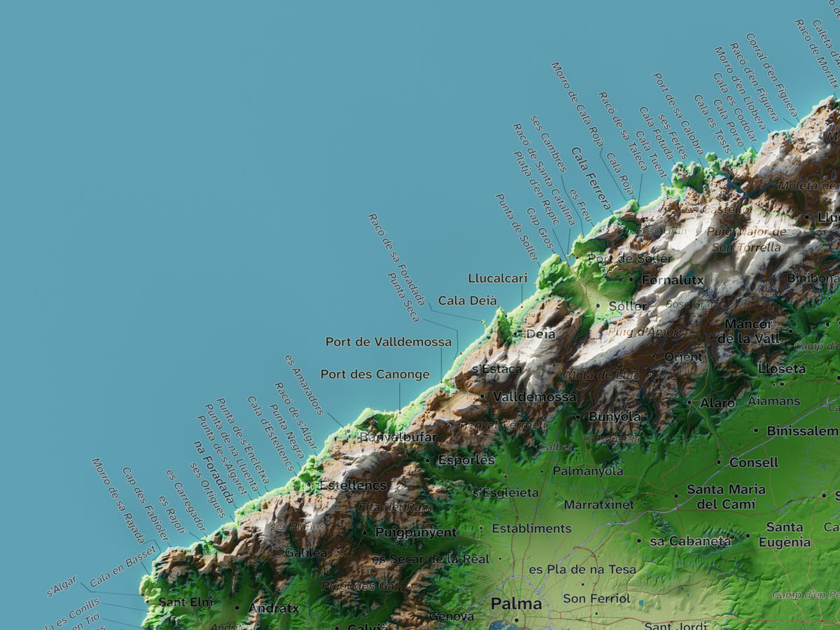 Edició octubre 2026 · Mapa topogràfic de Mallorca, Clàssic, 30 × 40 cm: detall de la costa nord-oest.