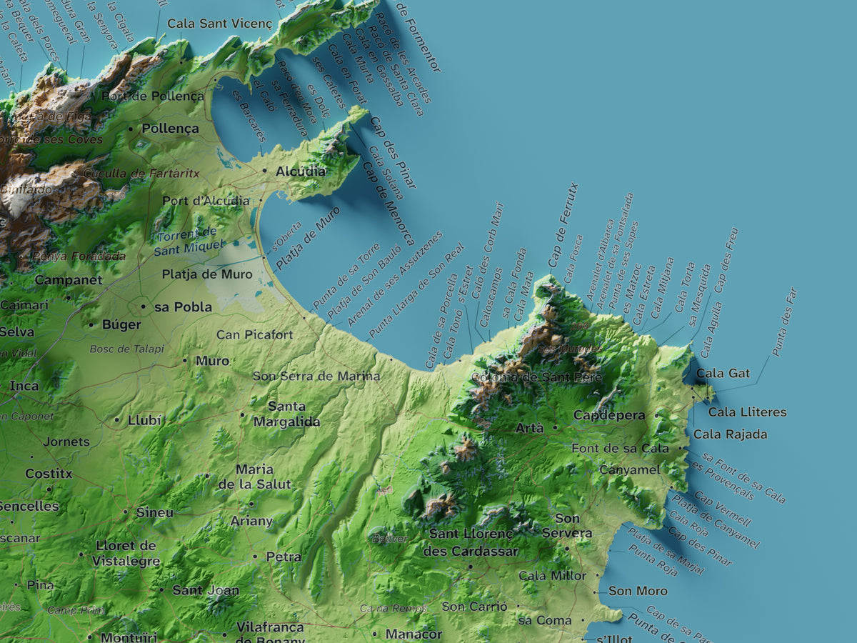 Edició octubre 2026 · Mapa topogràfic de Mallorca, Clàssic, 30 × 40 cm: detall de la costa nord-est.