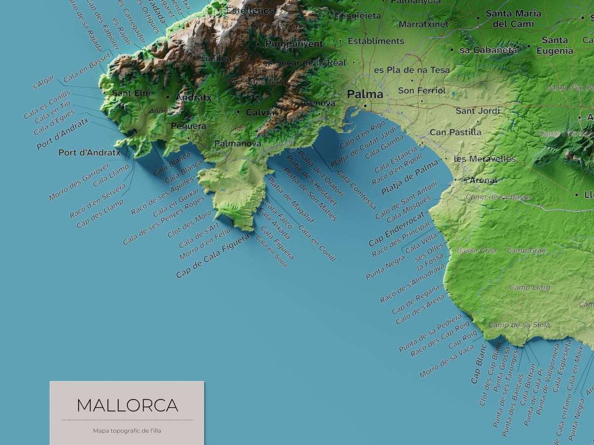 Edició octubre 2026 · Mapa topogràfic de Mallorca, Clàssic, 30 × 40 cm: detall de la costa sud-oest.