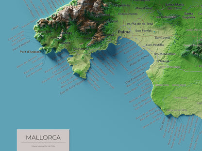 Edició octubre 2026 · Mapa topogràfic de Mallorca, Clàssic, 30 × 40 cm: detall de la costa sud-oest.