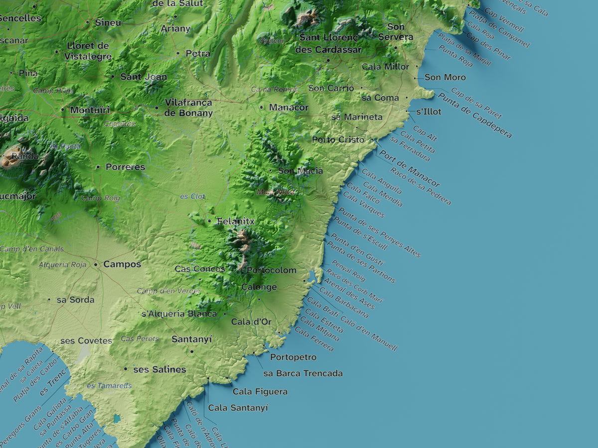 Edició octubre 2026 · Mapa topogràfic de Mallorca, Clàssic, 30 × 40 cm: detall de la costa sud-est.