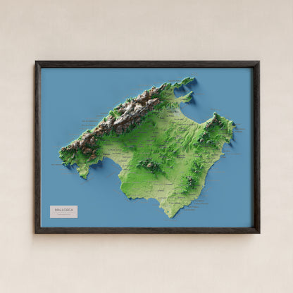 Mapa topogràfic de Mallorca, Clàssic, 30 × 40 cm: presentació en marc negre (marc no inclòs).