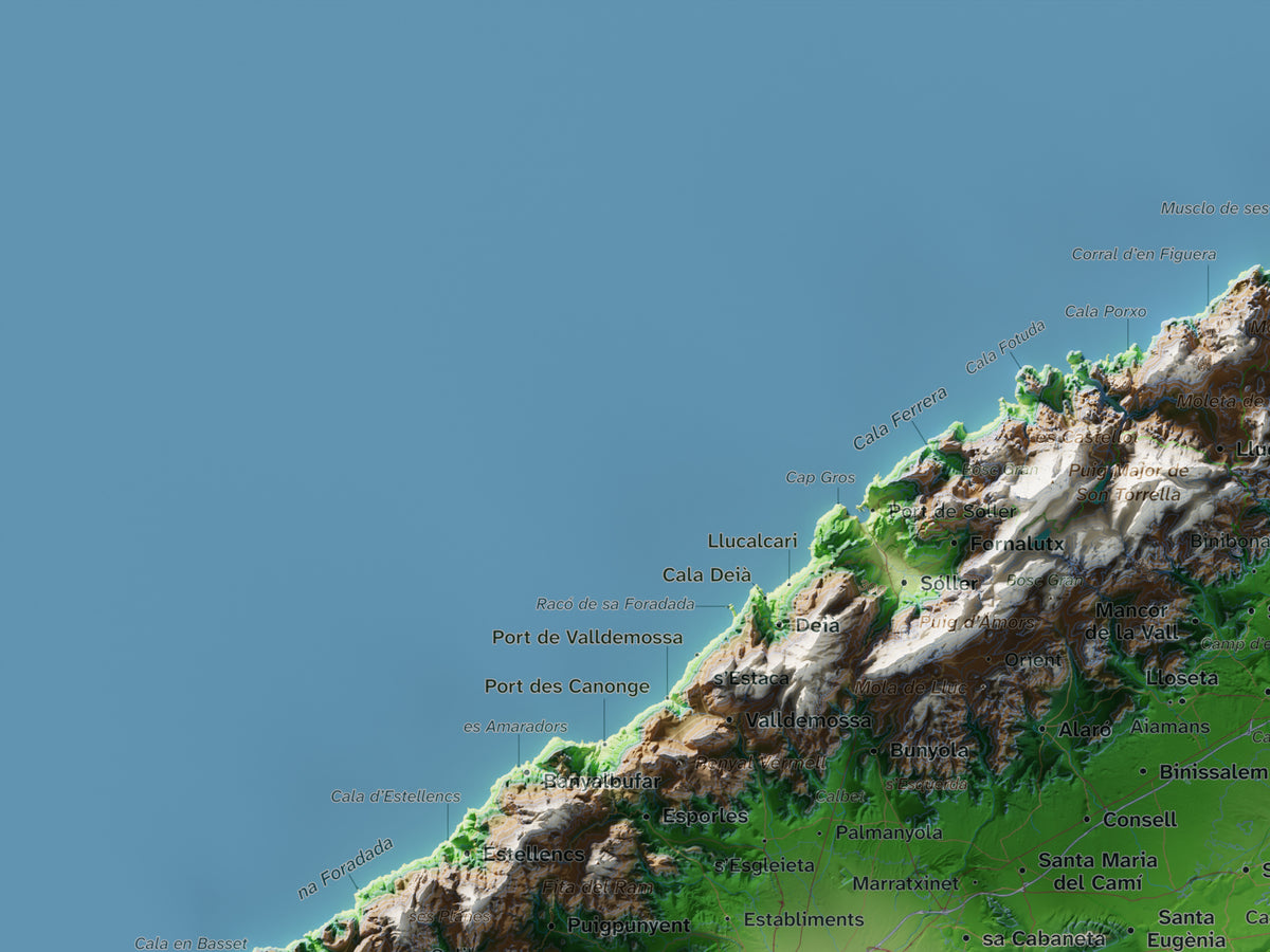 Mapa topogràfic de Mallorca, Clàssic, 30 × 40 cm: detall superior esquerre.