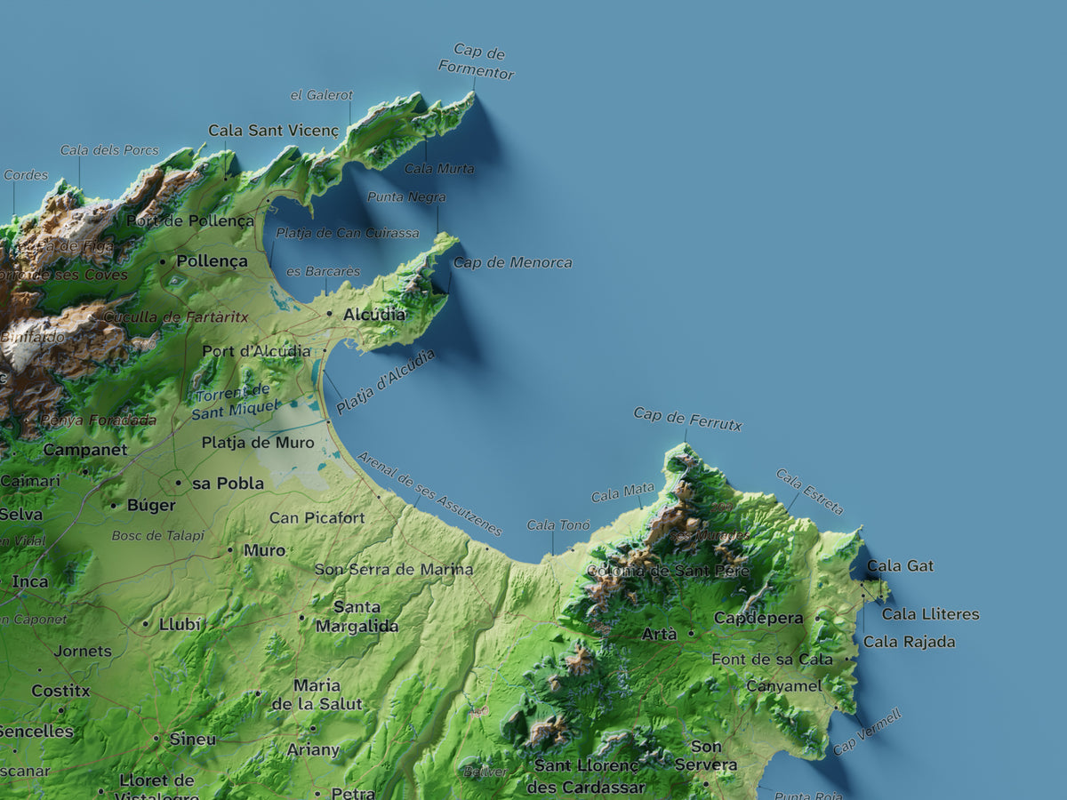 Mapa topogràfic de Mallorca, Clàssic, 30 × 40 cm: detall superior dret.