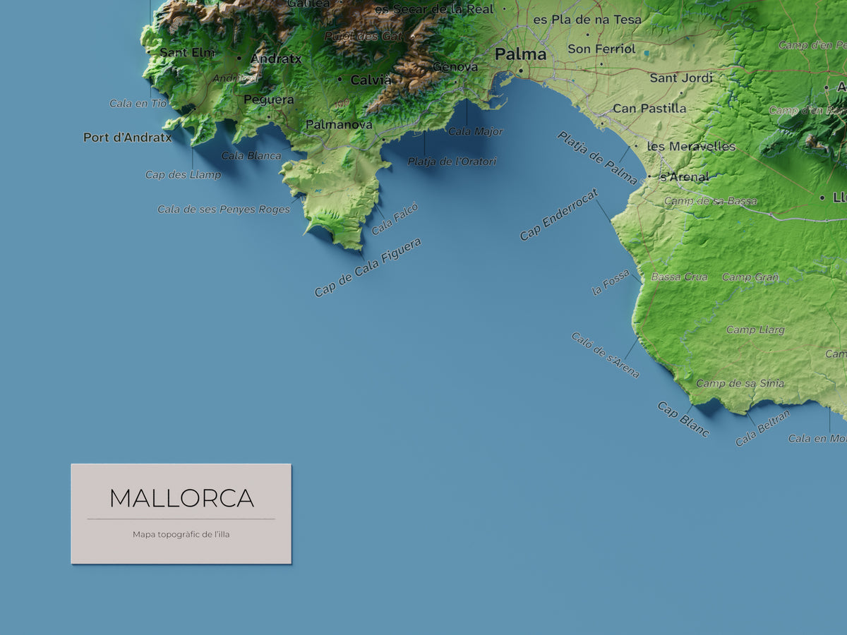 Mapa topogràfic de Mallorca, Clàssic, 30 × 40 cm: detall inferior esquerre.