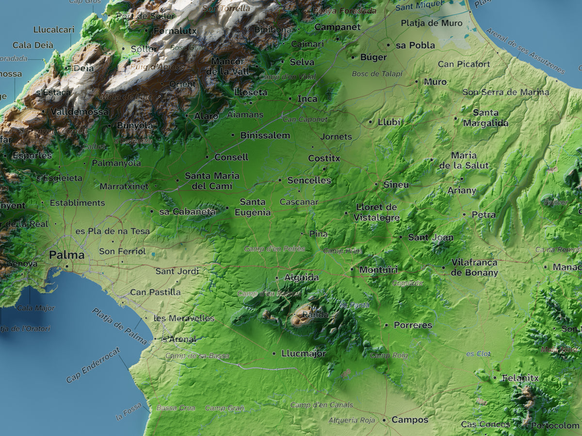 Mapa topogràfic de Mallorca, Clàssic, 30 × 40 cm: detall central.