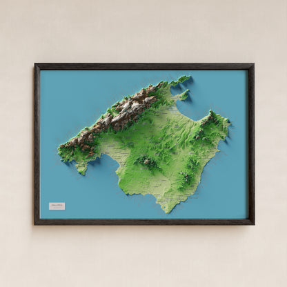Edició octubre 2026 · Mapa topogràfic de Mallorca, Clàssic, 50 × 70 cm: presentació en marc negre (marc no inclòs).