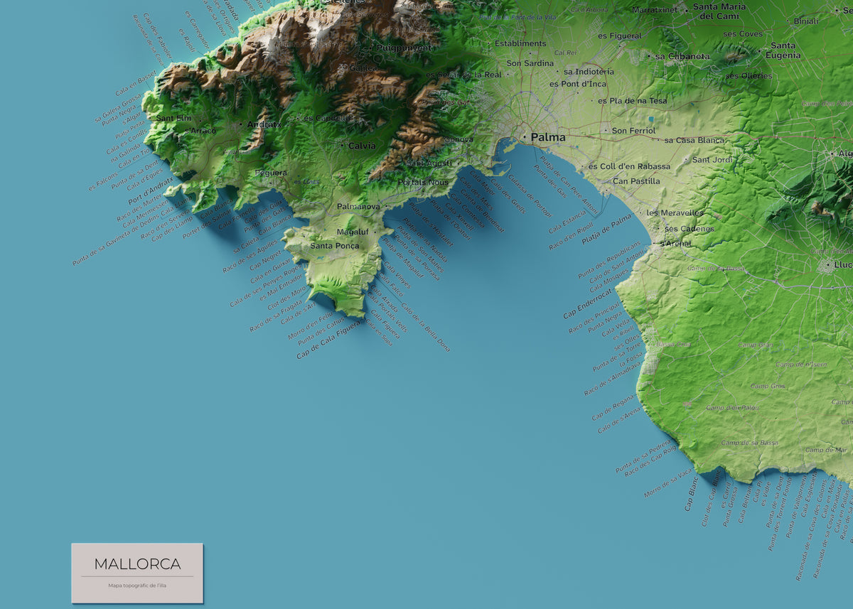 Edició octubre 2026 · Mapa topogràfic de Mallorca, Clàssic, 50 × 70 cm: detall de la costa sud-oest.