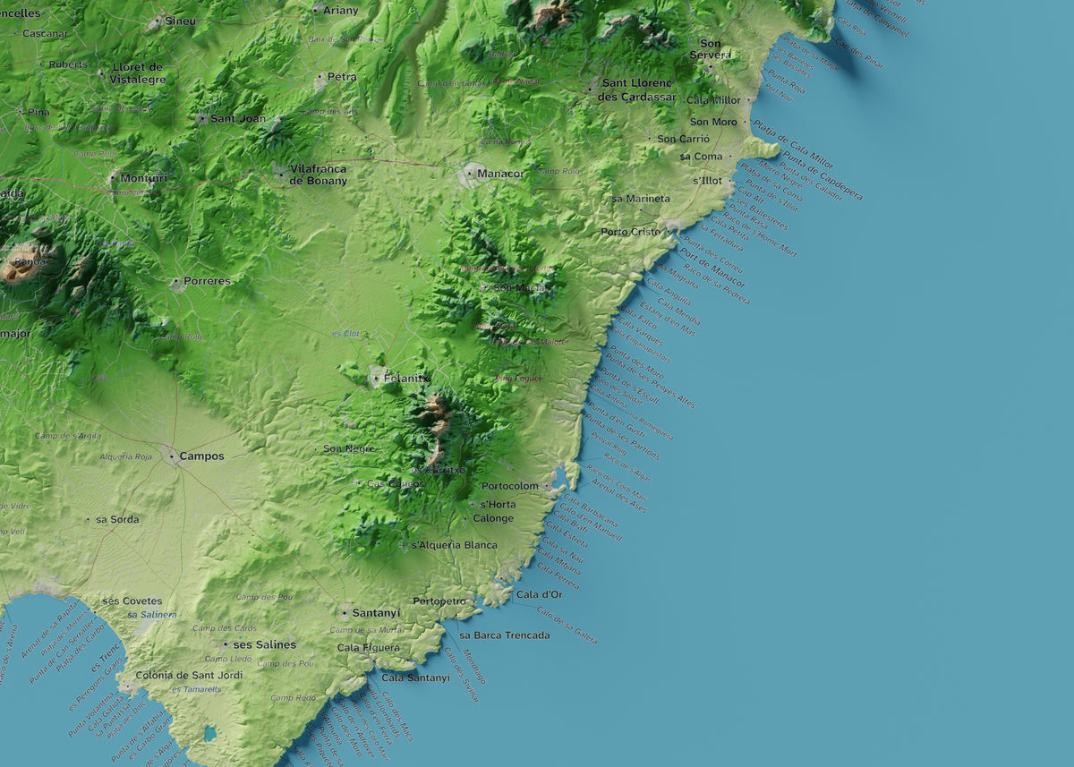 Edició octubre 2026 · Mapa topogràfic de Mallorca, Clàssic, 50 × 70 cm: detall de la costa sud-est.