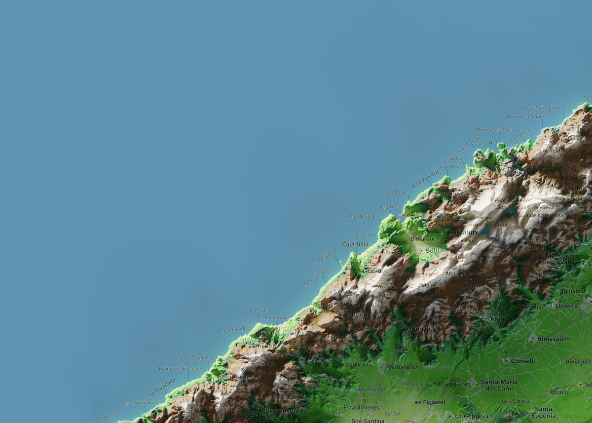 Mapa topogràfic de Mallorca, Clàssic, 50 × 70 cm: detall superior esquerre.