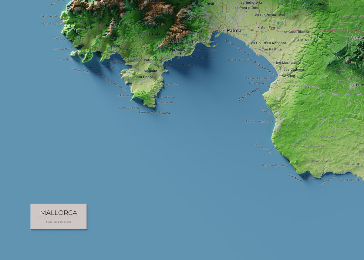 Mapa topogràfic de Mallorca, Clàssic, 50 × 70 cm: detall inferior esquerre.