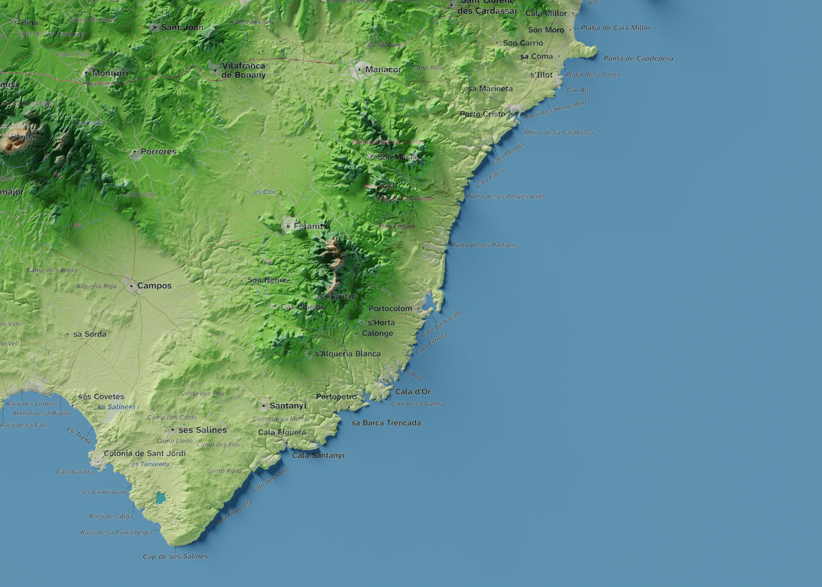Mapa topogràfic de Mallorca, Clàssic, 50 × 70 cm: detall inferior dret.