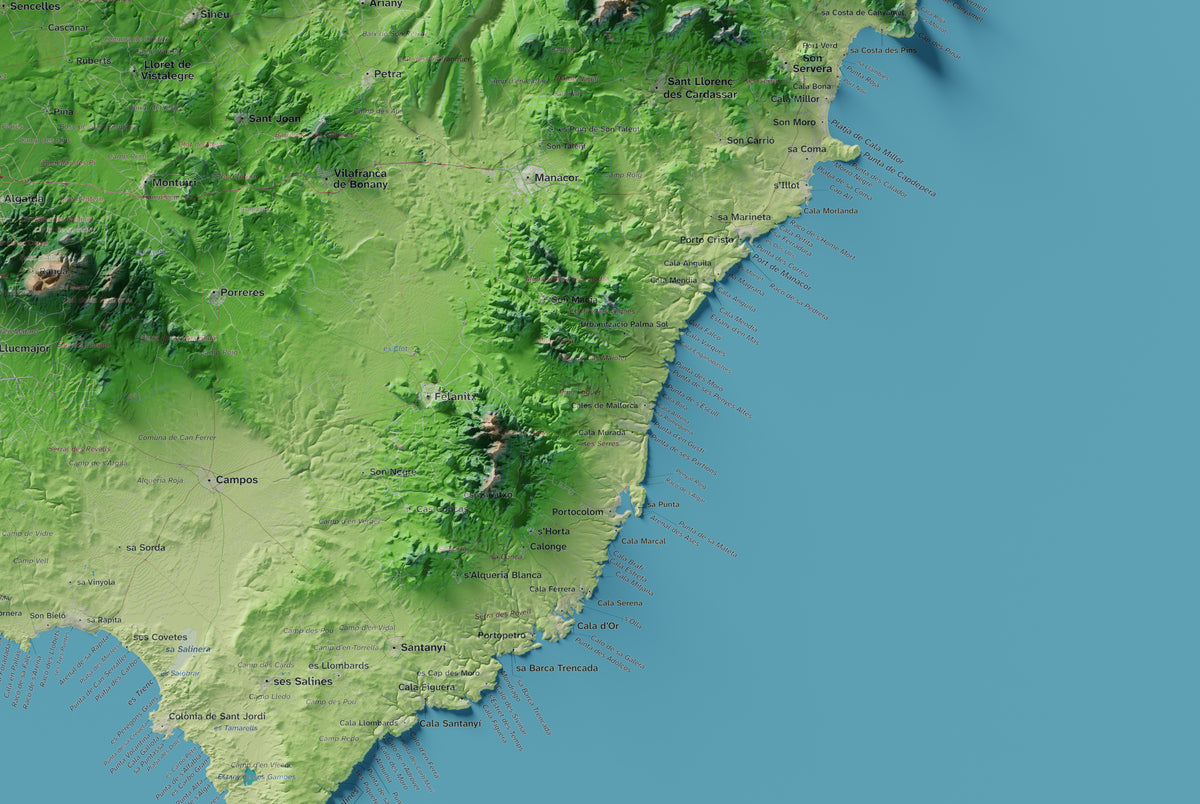 Edició octubre 2026 · Mapa topogràfic de Mallorca, Clàssic, 61 × 91 cm: detall de la costa sud-est.