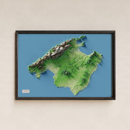 Mapa topogràfic de Mallorca, Clàssic, 61 × 91 cm: presentació en marc negre (marc no inclòs).