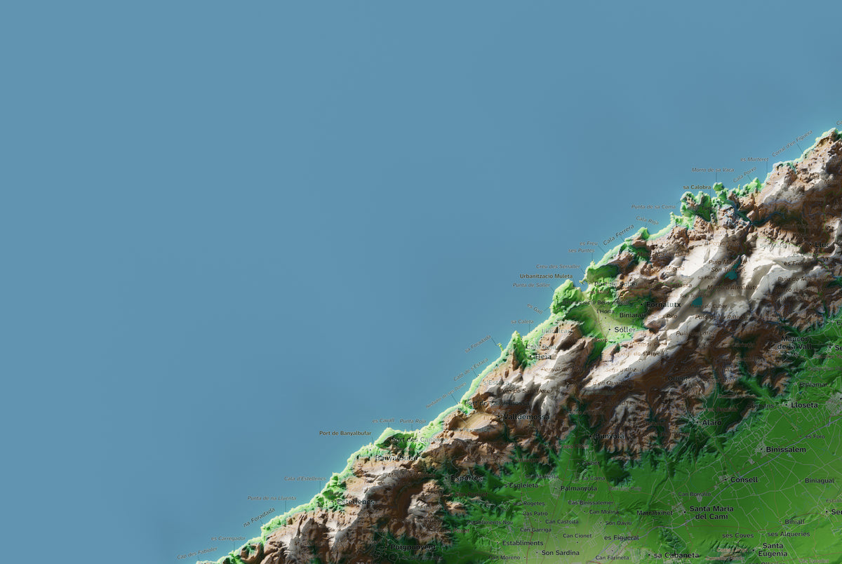 Mapa topogràfic de Mallorca, Clàssic, 61 × 91 cm: detall superior esquerre.
