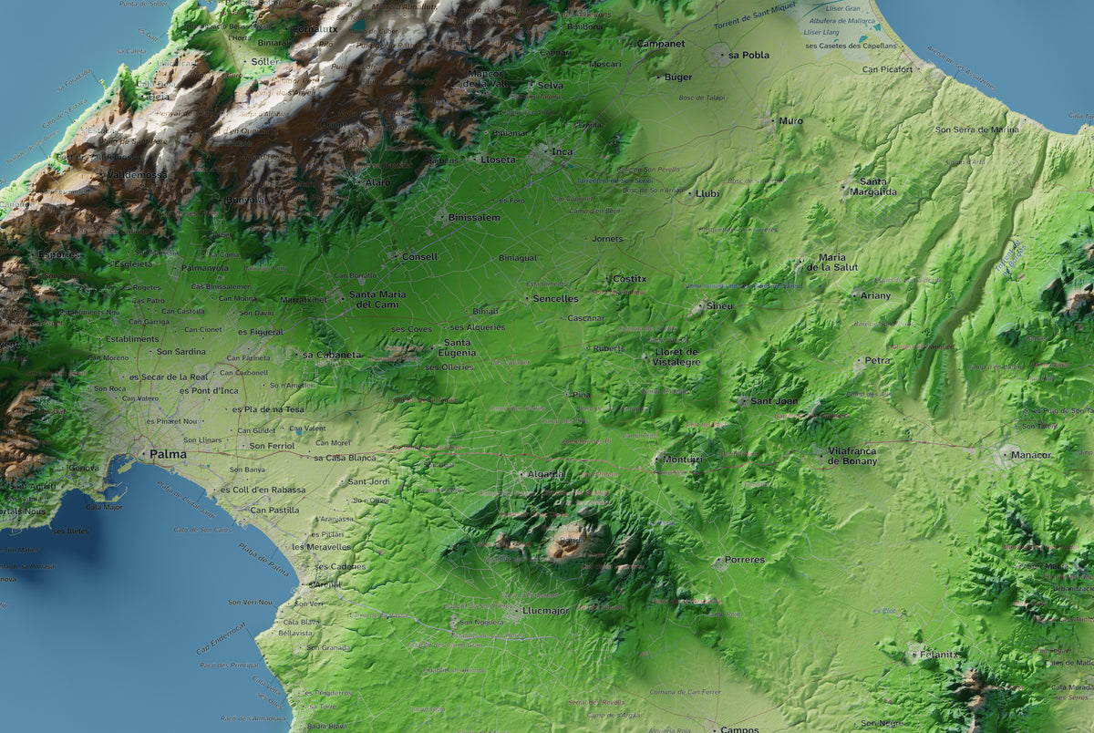 Mapa topogràfic de Mallorca, Clàssic, 61 × 91 cm: detall central.