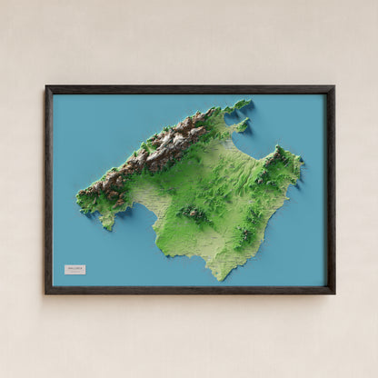 Edició octubre 2026 · Mapa topogràfic de Mallorca, Clàssic, 70 × 100 cm: presentació en marc negre (marc no inclòs).