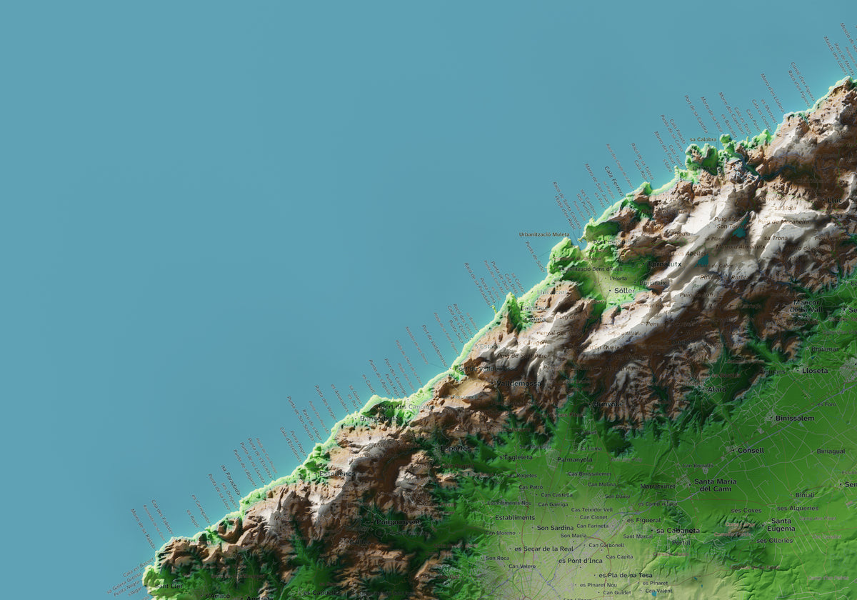 Edició octubre 2026 · Mapa topogràfic de Mallorca, Clàssic, 70 × 100 cm: detall de la costa nord-oest.