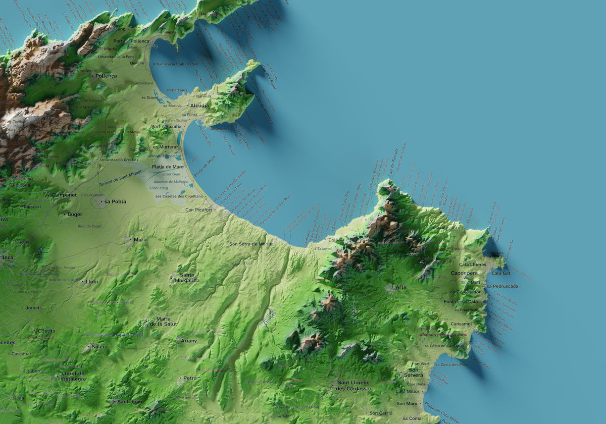 Edició octubre 2026 · Mapa topogràfic de Mallorca, Clàssic, 70 × 100 cm: detall de la costa nord-est.