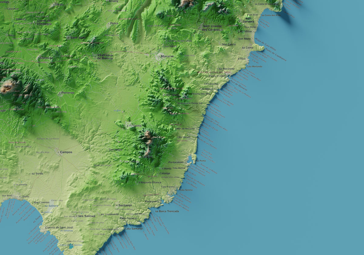 Edició octubre 2026 · Mapa topogràfic de Mallorca, Clàssic, 70 × 100 cm: detall de la costa sud-est.