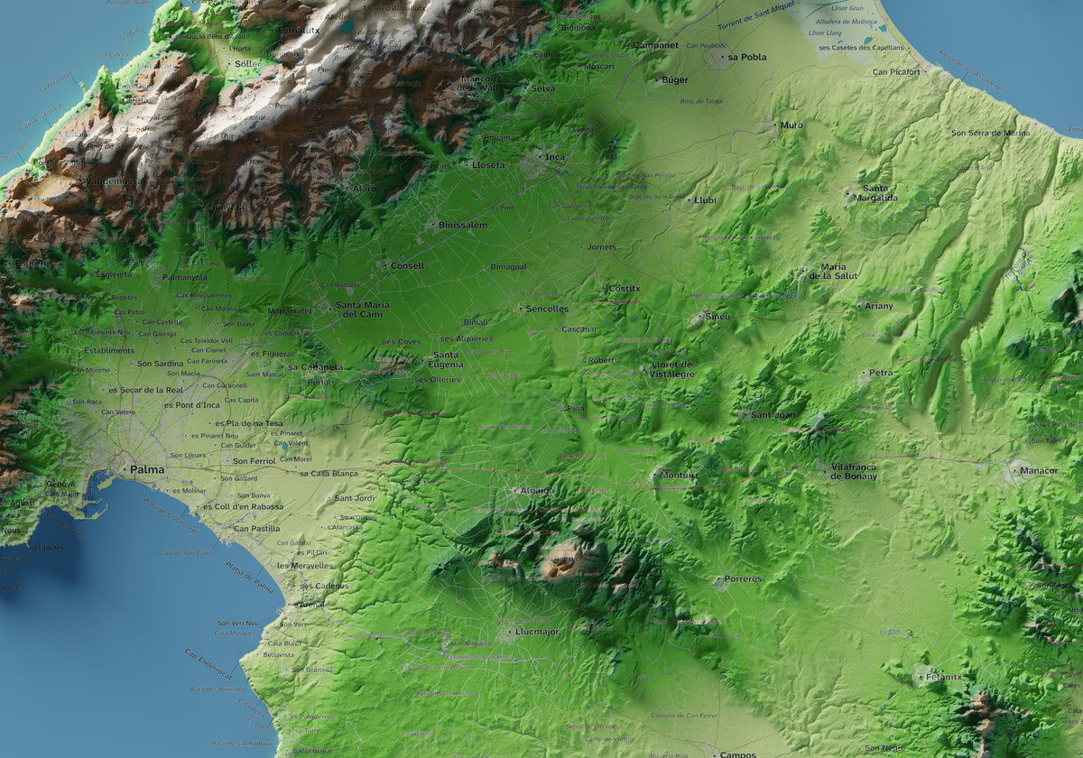 Mapa topogràfic de Mallorca, Clàssic, 70 × 100 cm: detall central.