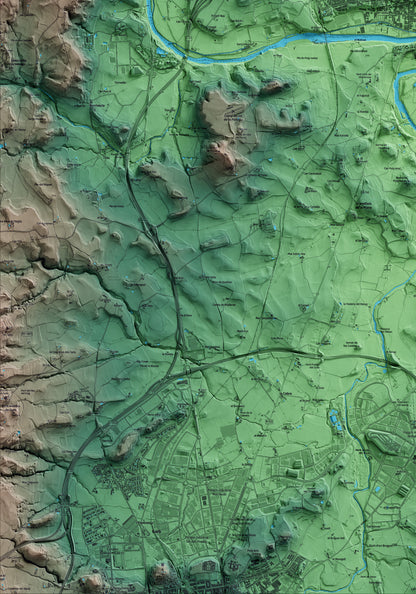 Mapa artístico del relieve de Manlleu, a Osona, con 15 km de entorno y base topográfica ICGC. Detalle de la zona inferior izquierda.