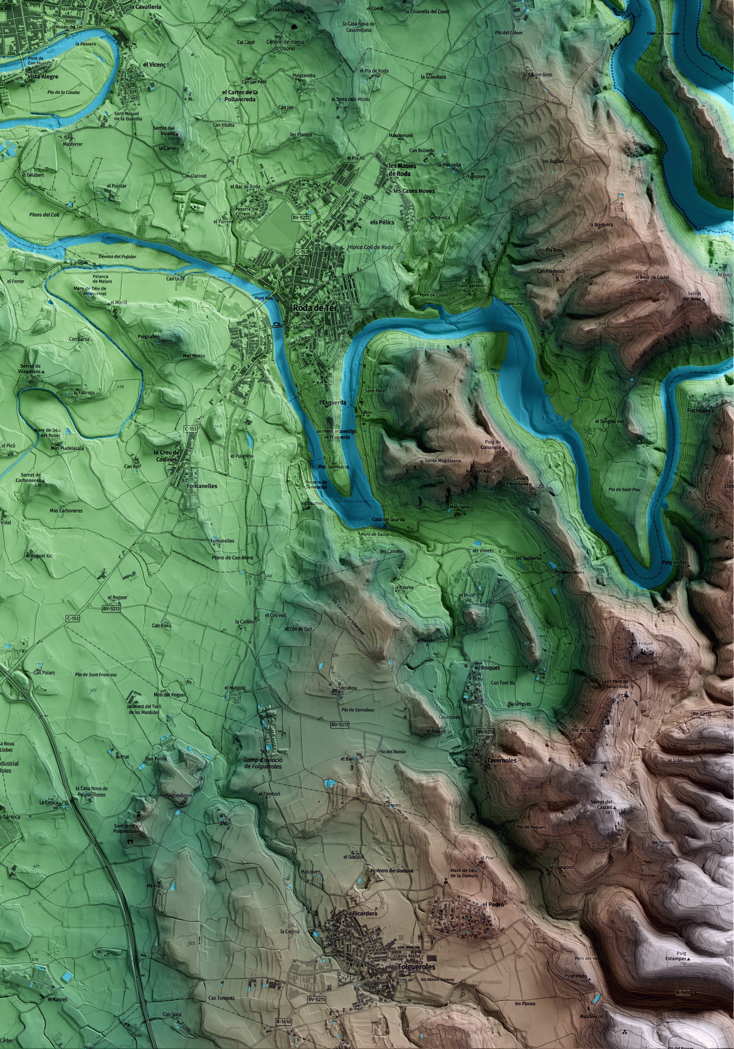 Mapa artístico del relieve de Manlleu, a Osona, con 15 km de entorno y base topográfica ICGC. Detalle de la zona inferior derecha.